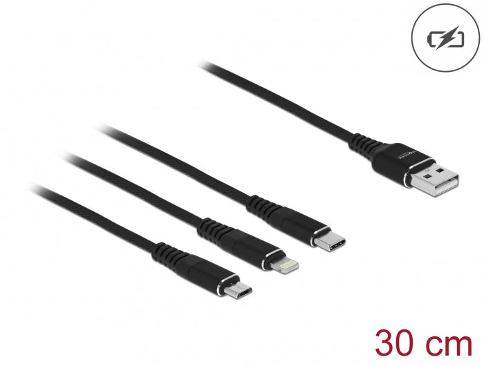 DeLOCK Multi-Kabel – 3-in-1 USB-A auf USB-C/Micro-USB/Lightning 0,3 m, geflochten – für iPhone/Android