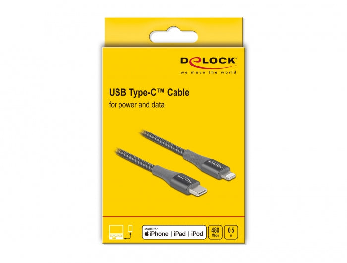DeLOCK Daten- & Ladekabel – USB-C auf Lightning 0,5 m, 27 W, geflochten, Grau – für iPhone/iPad