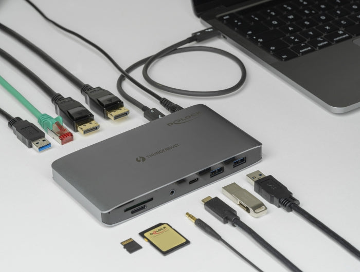 DeLOCK Dockingstation – Thunderbolt 3, 2× DP, 3× USB-A, 1× USB-C, 60 W PD, GbE, für Windows/Mac