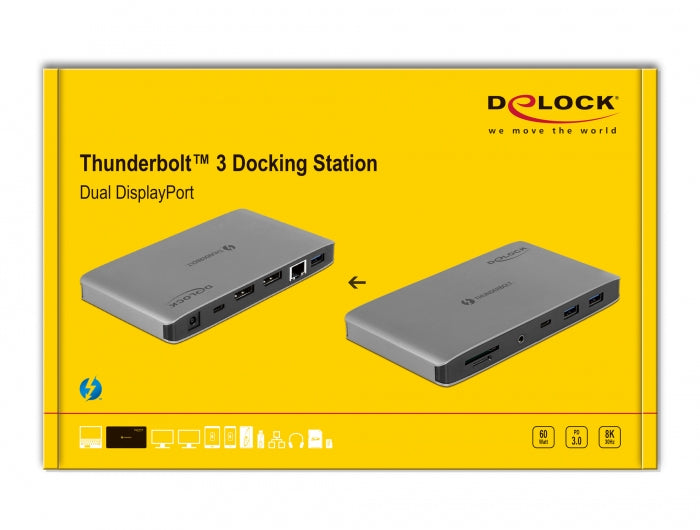 DeLOCK Dockingstation – Thunderbolt 3, 2× DP, 3× USB-A, 1× USB-C, 60 W PD, GbE, für Windows/Mac