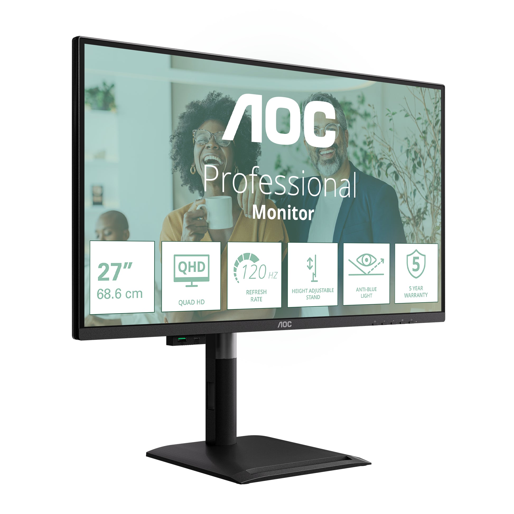 AOC Q27P4CV – Monitor, 27", 2560 × 1440 (WQHD), IPS, 120 Hz, USB-C, KVM, Lautsprecher, VESA 100 × 100, Schwarz