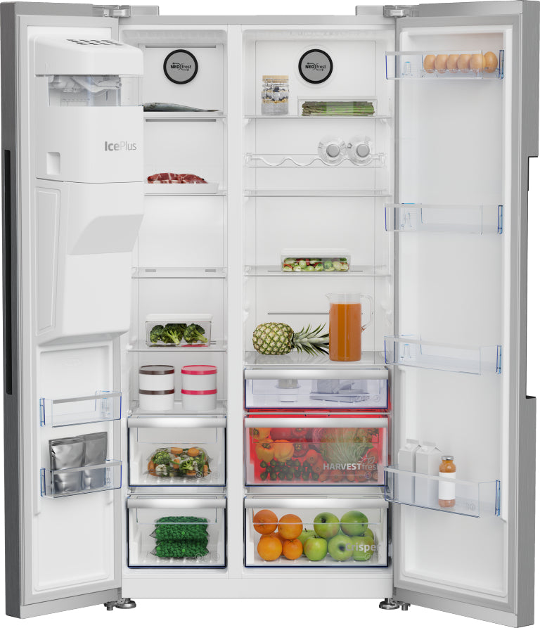 Beko Side-by-Side GN162341PTCHN – 525 l, 230 V, Energieeffizienzklasse E, 36 dB, Silber, 91,0×70,5×179,0 cm