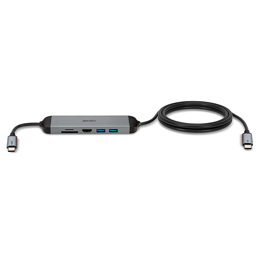 Lindy 43326 Multiport-Adapter – USB-C, 1× HDMI, 2× USB-A, 100 W PD, SD/microSD