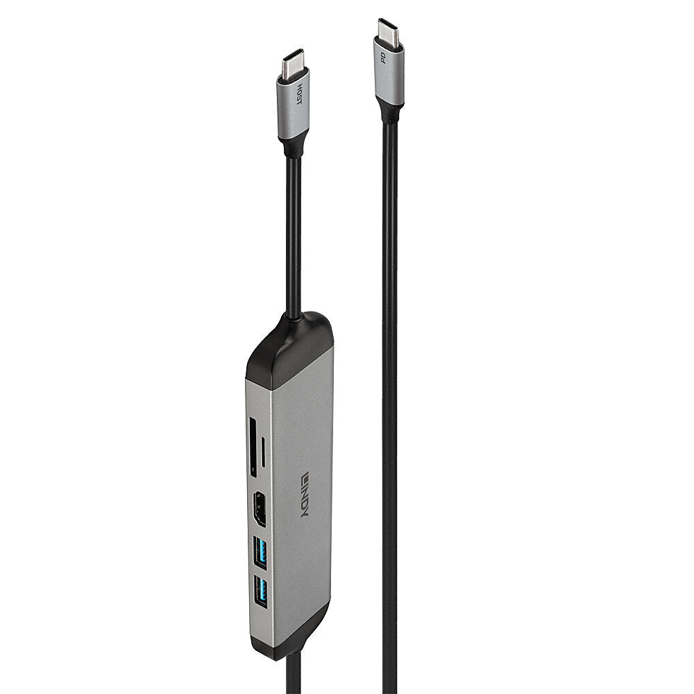 Lindy 43326 Multiport-Adapter – USB-C, 1× HDMI, 2× USB-A, 100 W PD, SD/microSD