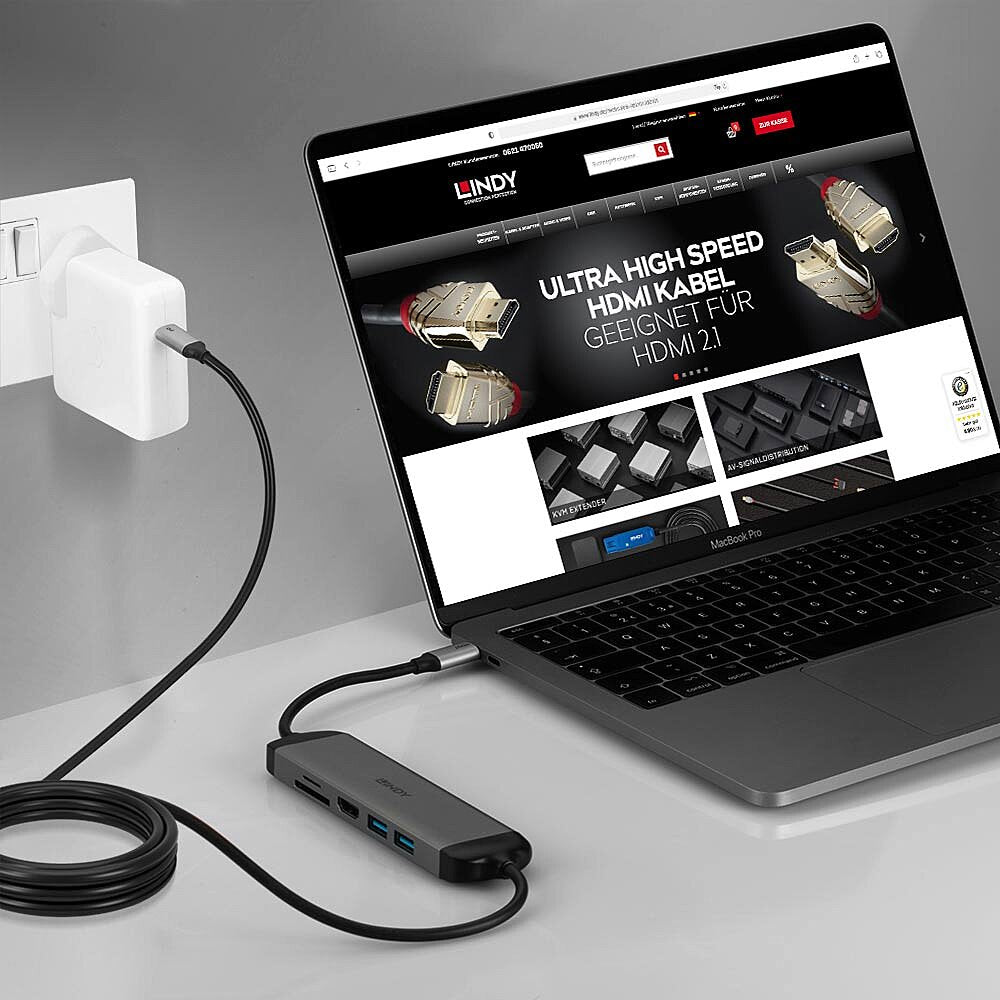Lindy 43326 Multiport-Adapter – USB-C, 1× HDMI, 2× USB-A, 100 W PD, SD/microSD