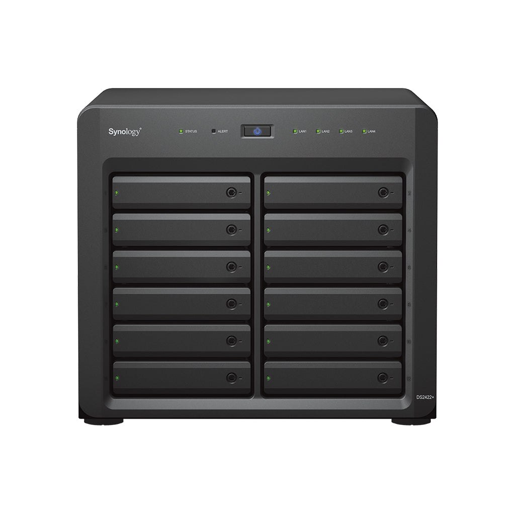 Synology DS2422+ – 12-Bay Tower NAS – AMD Ryzen V1500B, 4 GB RAM, 1GbE, DSM, für 2,5"/3,5" HDD/SSD, SATA