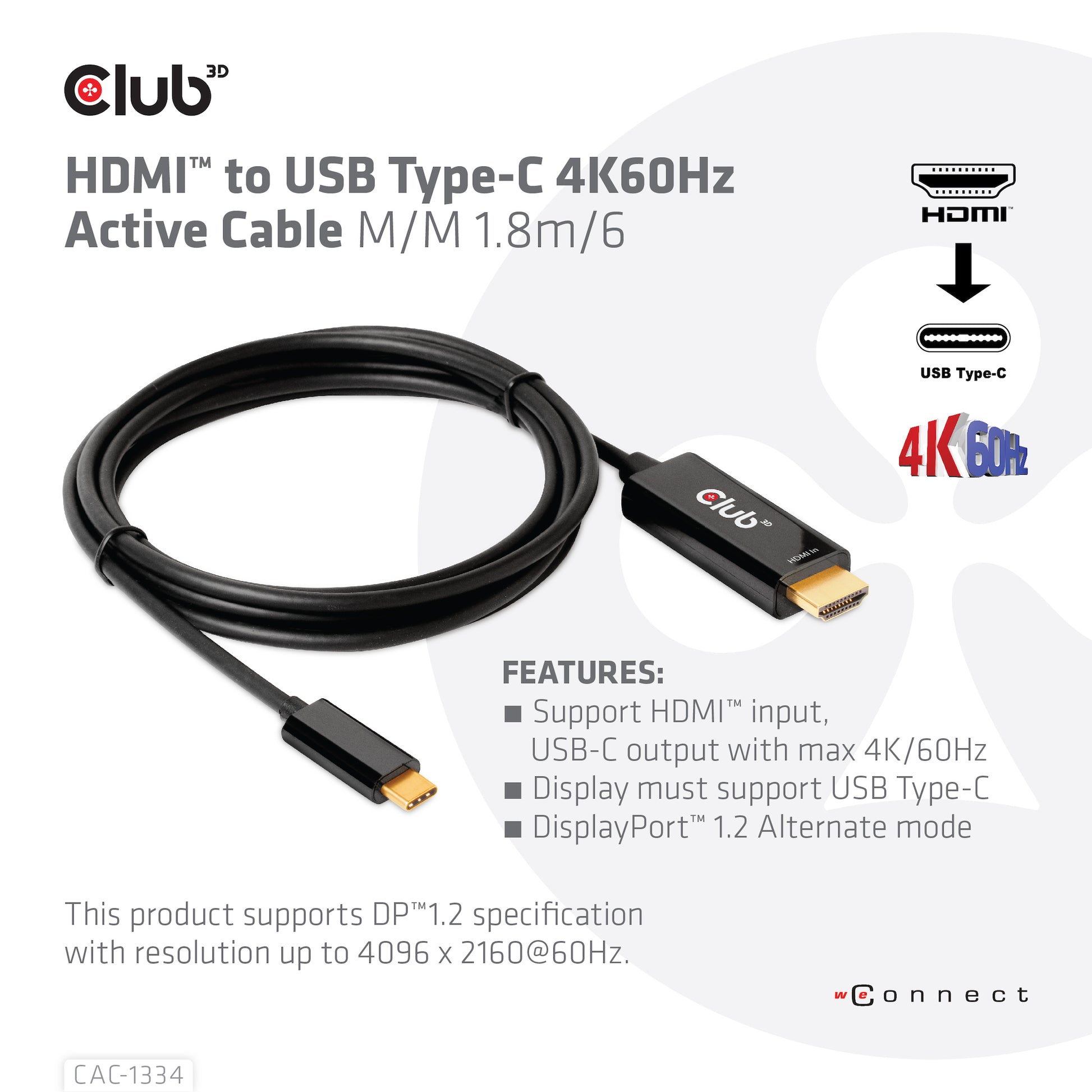 CLUB3D Club 3D HDMI auf USB-C Kabel DP 1.2 4K 60 Hz – 1,8 m – aktiv
