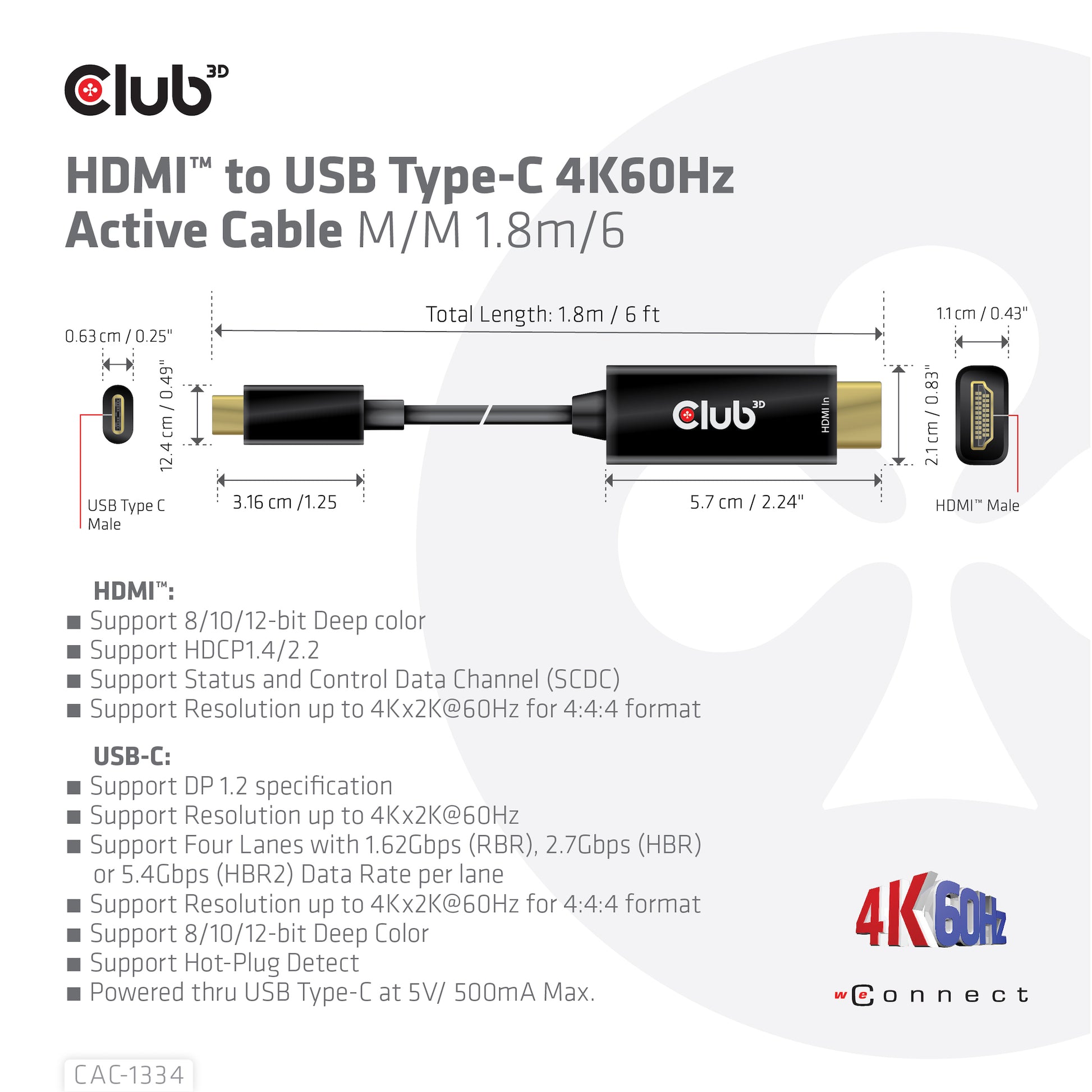 CLUB3D Club 3D HDMI auf USB-C Kabel DP 1.2 4K 60 Hz – 1,8 m – aktiv