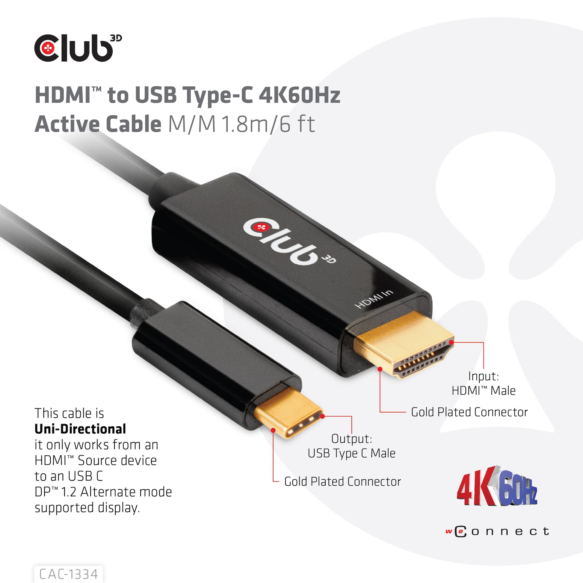 CLUB3D Club 3D HDMI auf USB-C Kabel DP 1.2 4K 60 Hz – 1,8 m – aktiv
