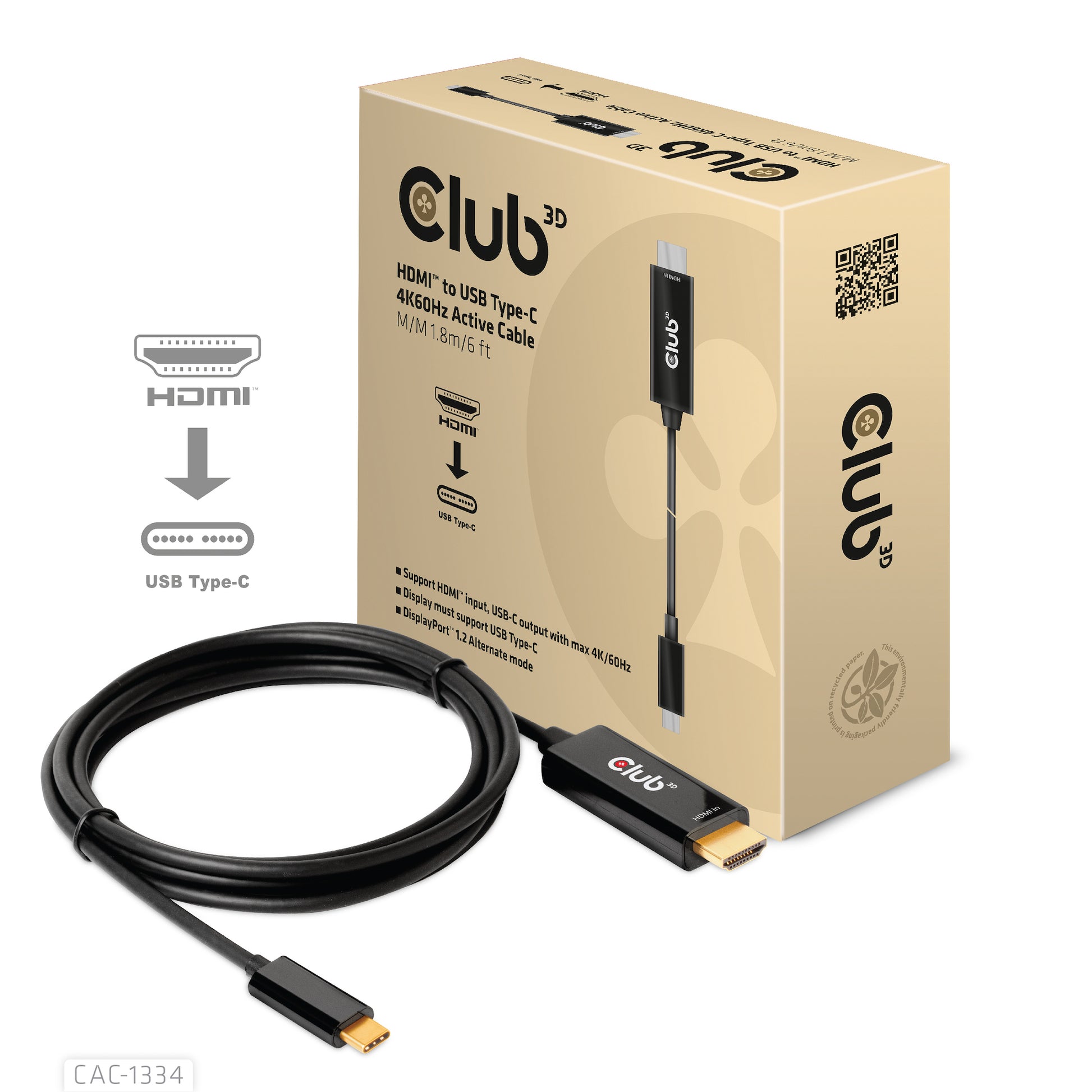 CLUB3D Club 3D HDMI auf USB-C Kabel DP 1.2 4K 60 Hz – 1,8 m – aktiv
