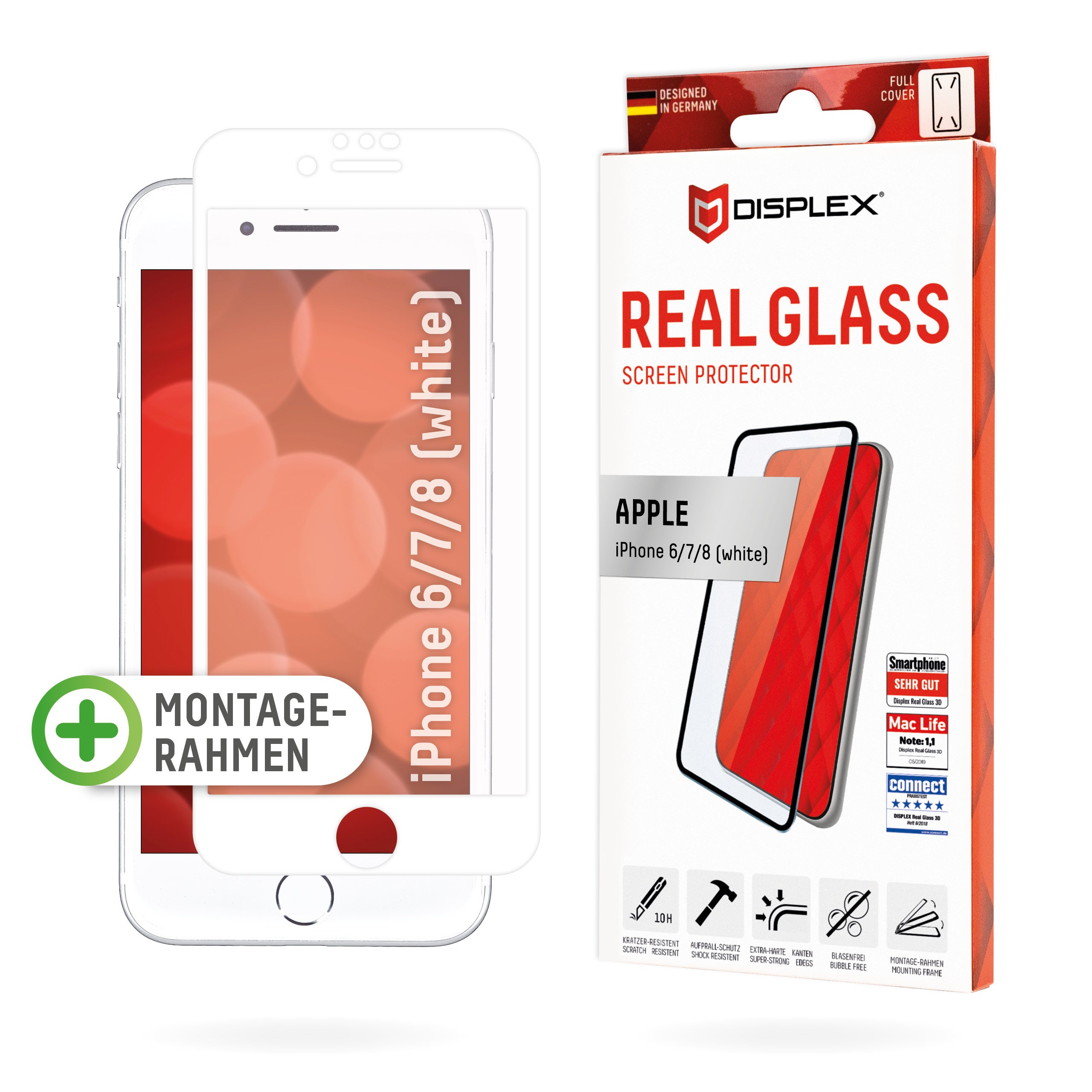 Displex Displayschutz (Panzerglas), Full Cover – für iPhone 6/7/8 und andere – mit Applikator
