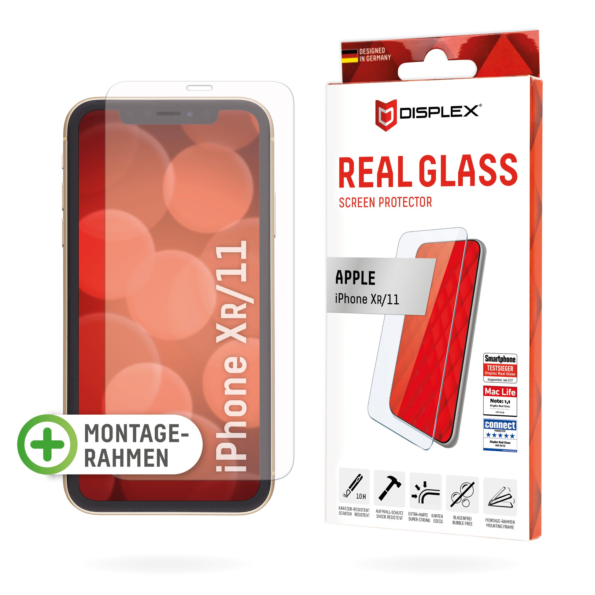 Displex Displayschutz (Panzerglas), Hüllenfreundlich – für iPhone XR/ iPhone 11 – mit Applikator