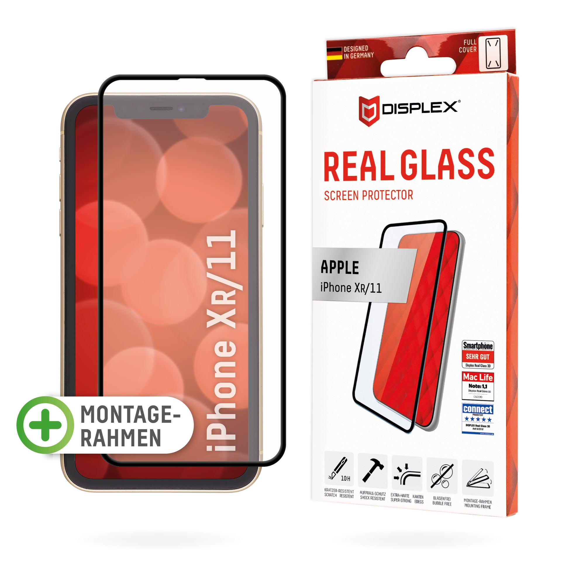 Displex Displayschutz (Panzerglas), Full Cover – für iPhone XR/iPhone 11 – mit Applikator