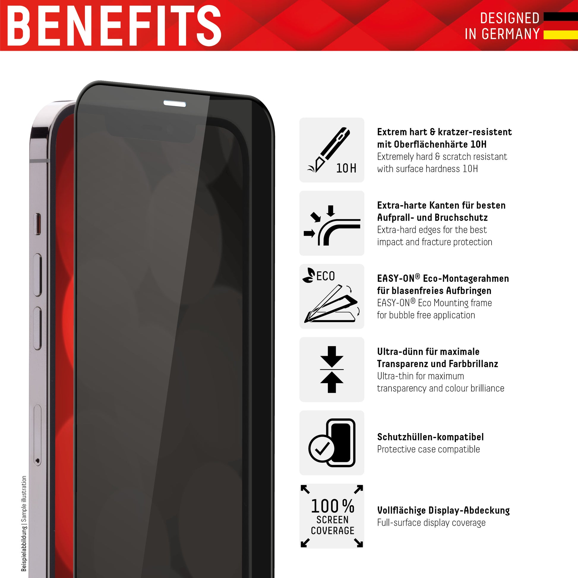 Displex Privacy-Filter (Panzerglas), Full Cover – für iPhone XR/ iPhone 11 – mit Applikator