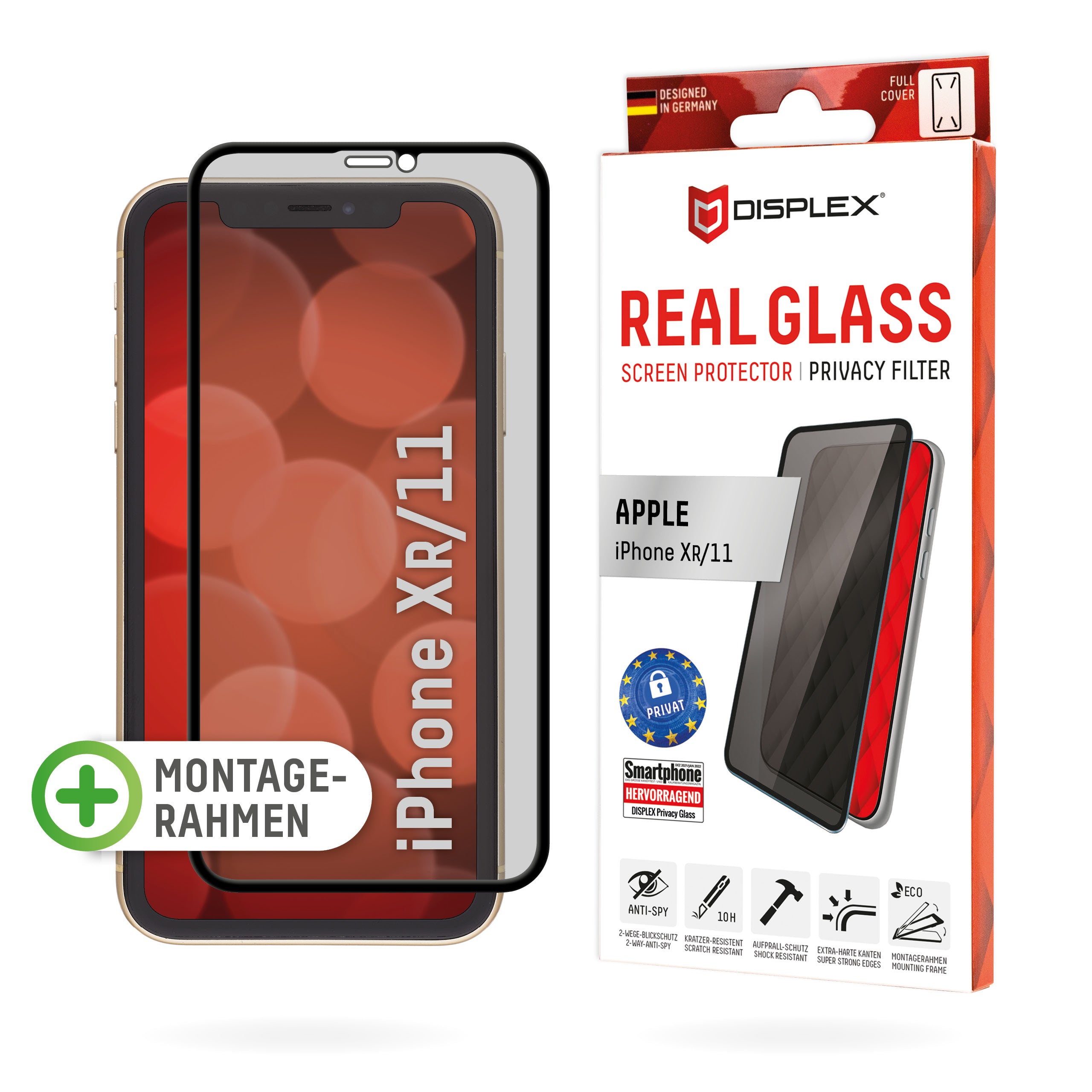 Displex Privacy-Filter (Panzerglas), Full Cover – für iPhone XR/ iPhone 11 – mit Applikator