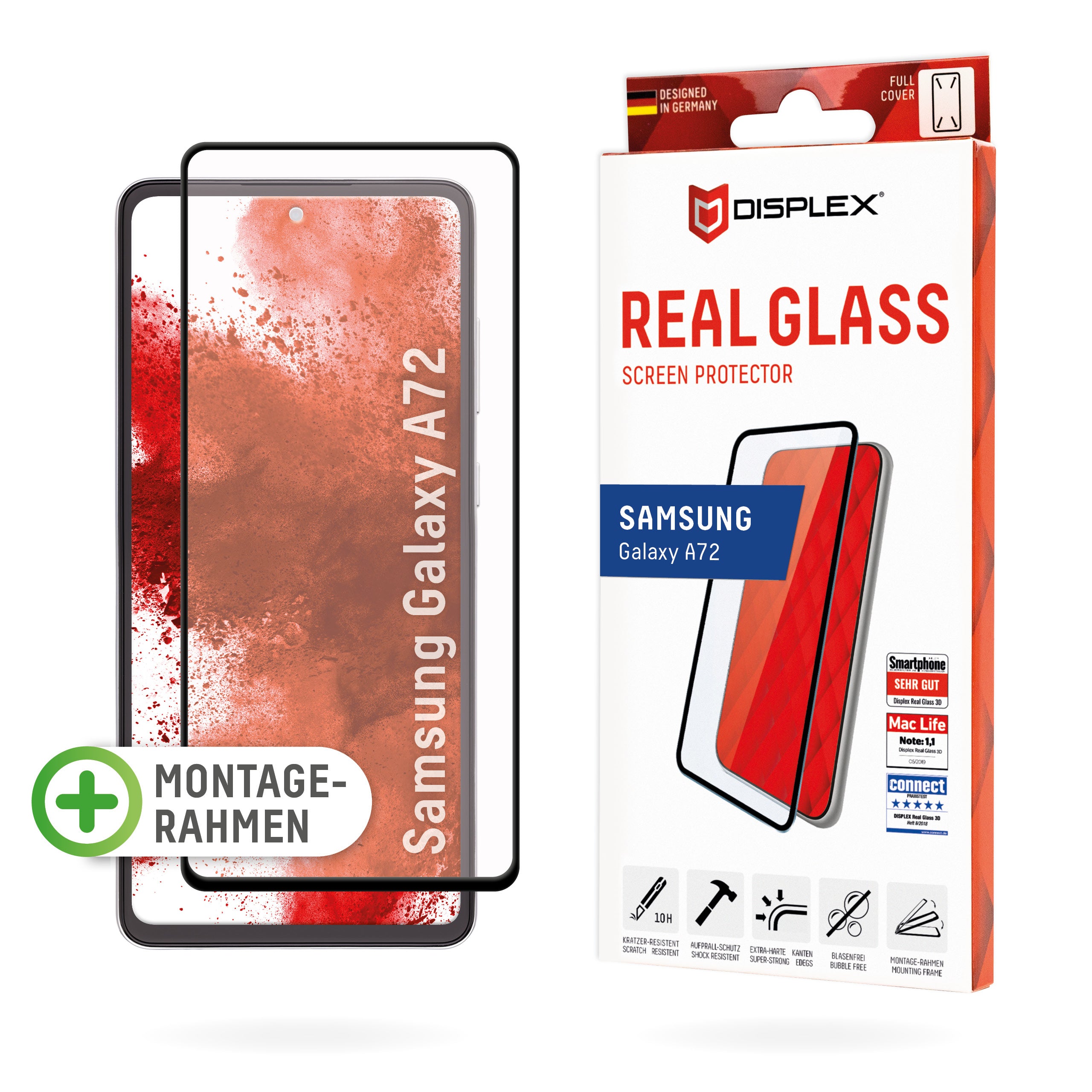 Displex Displayschutz (Panzerglas), Full Cover – für Galaxy A72 – mit Applikator