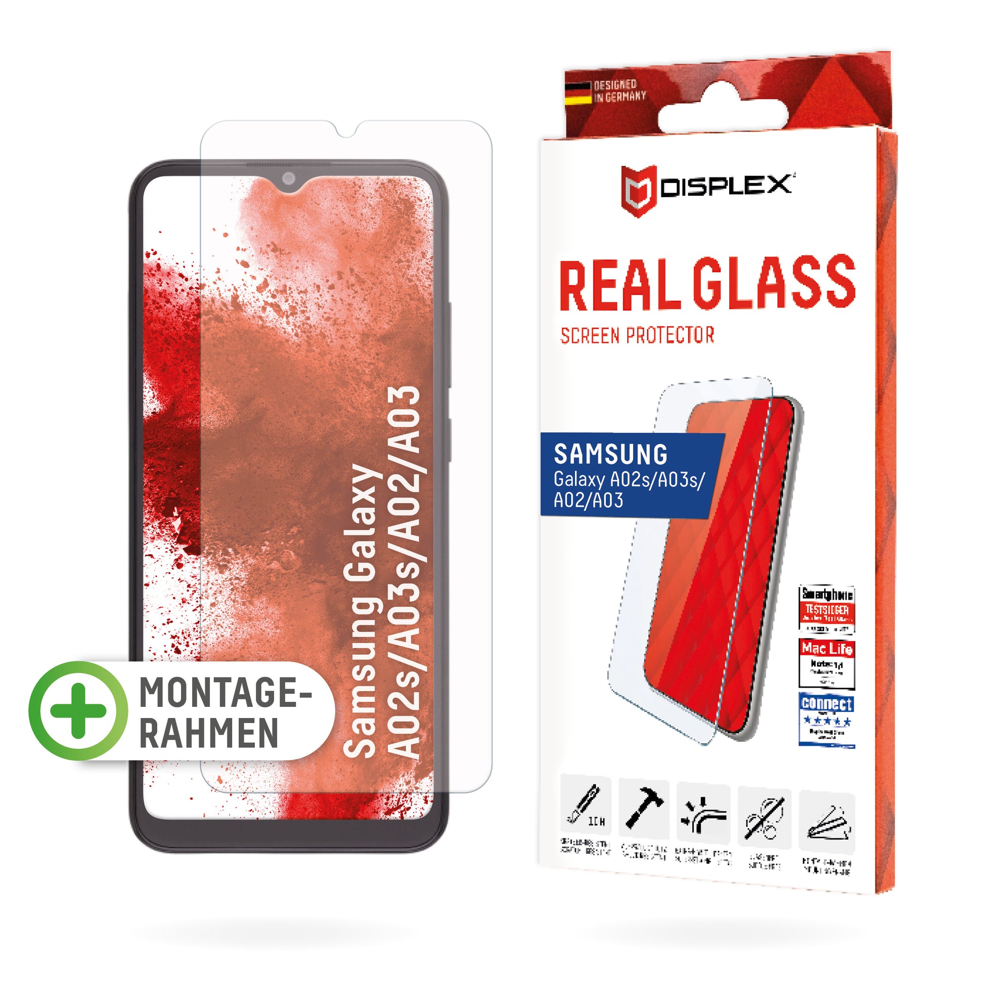 Displex Displayschutz (Panzerglas), Hüllenfreundlich – für Galaxy A02/A02s/A03 und andere – mit Applikator
