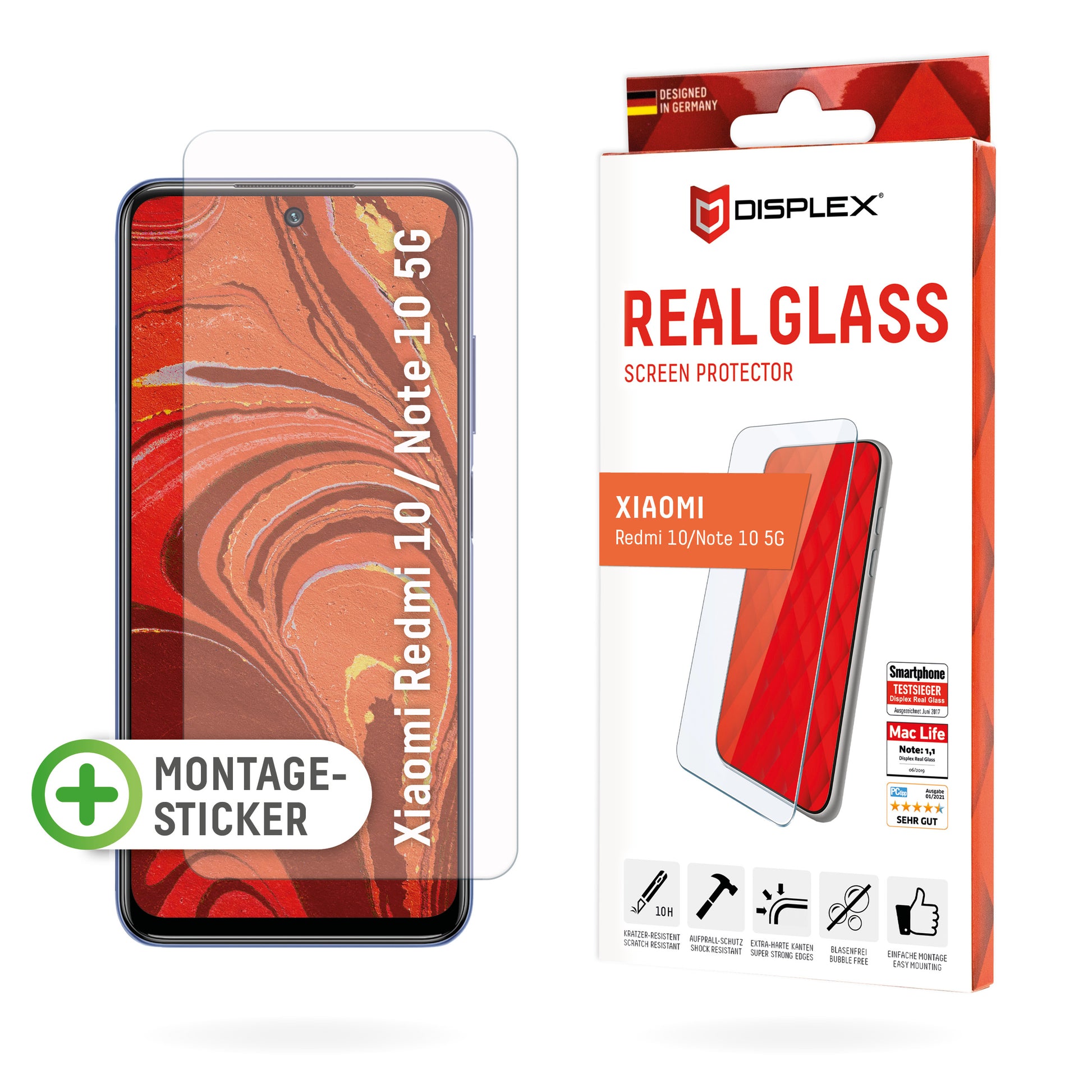 Displex Displayschutz (Panzerglas), Hüllenfreundlich – für Redmi 10/Note 10 5G – mit Applikator