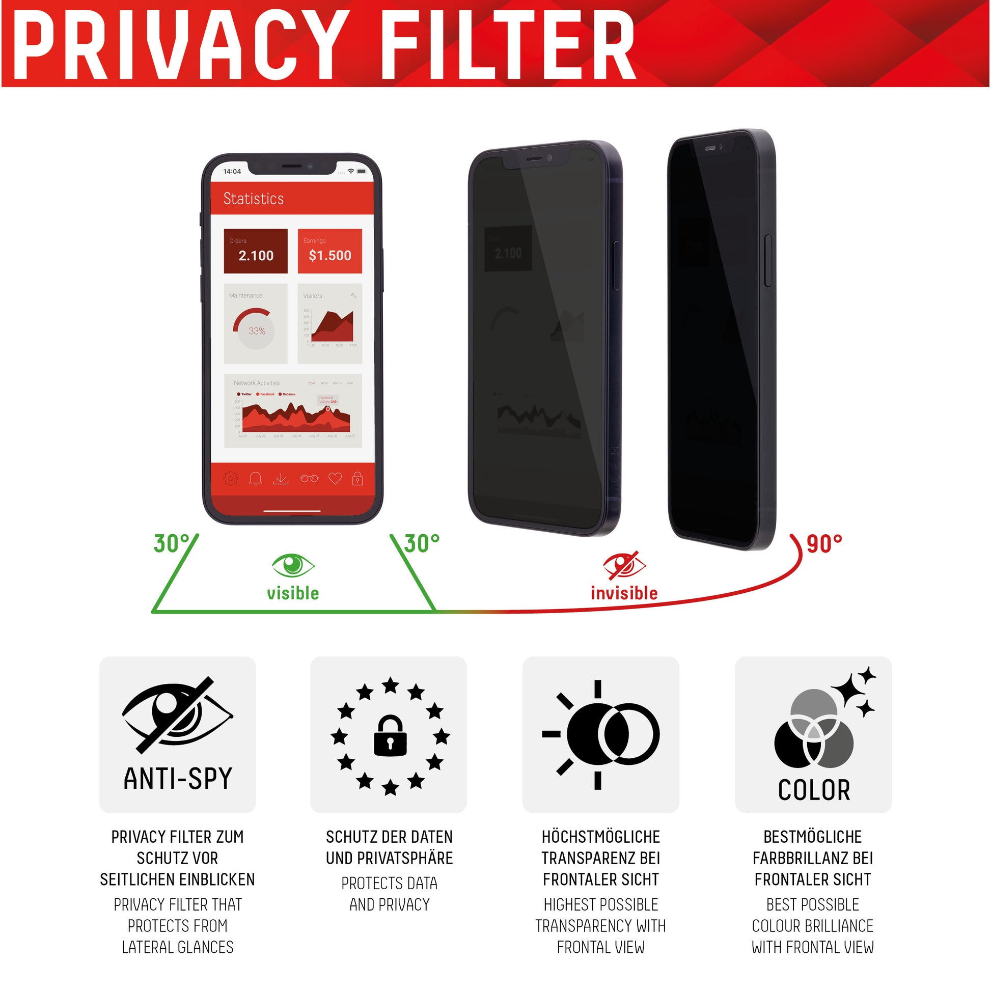 Displex Privacy-Filter (Panzerglas), Full Cover – für iPhone XR/ iPhone 11 – mit Applikator