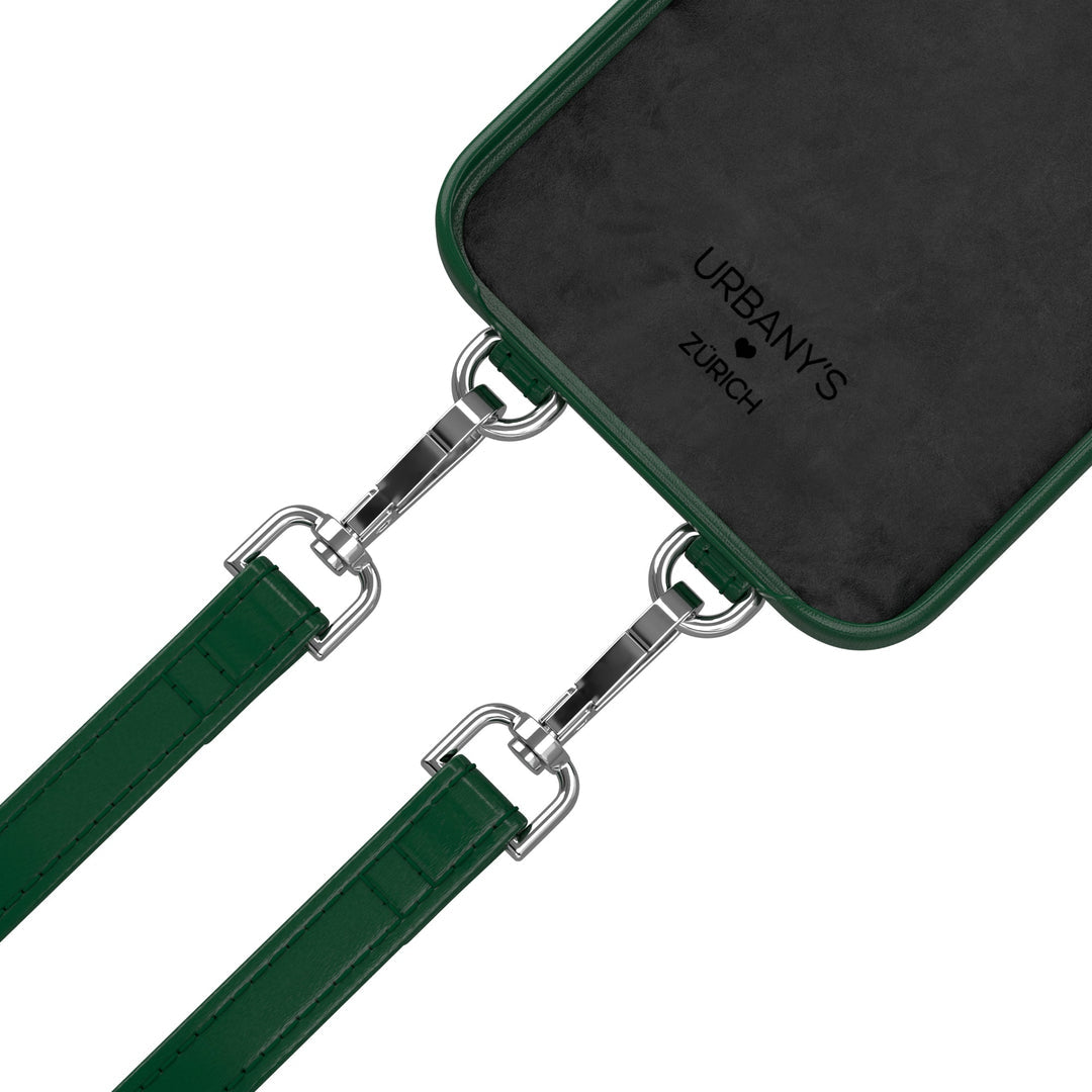 Urbany's Necklace-Hülle – für Apple iPhone 16 – Racing Green – Kunstleder – mit Kartenfach, mit Kordel