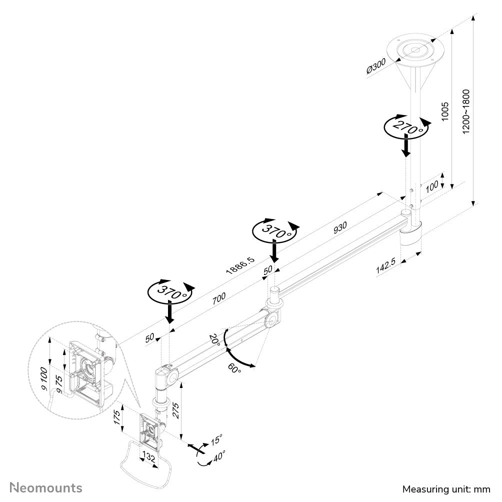 Neomounts Monitorhalterung, Decke, bis 24", höhenverstellbar, Neigen/Schwenken, Gasfeder, Weiss