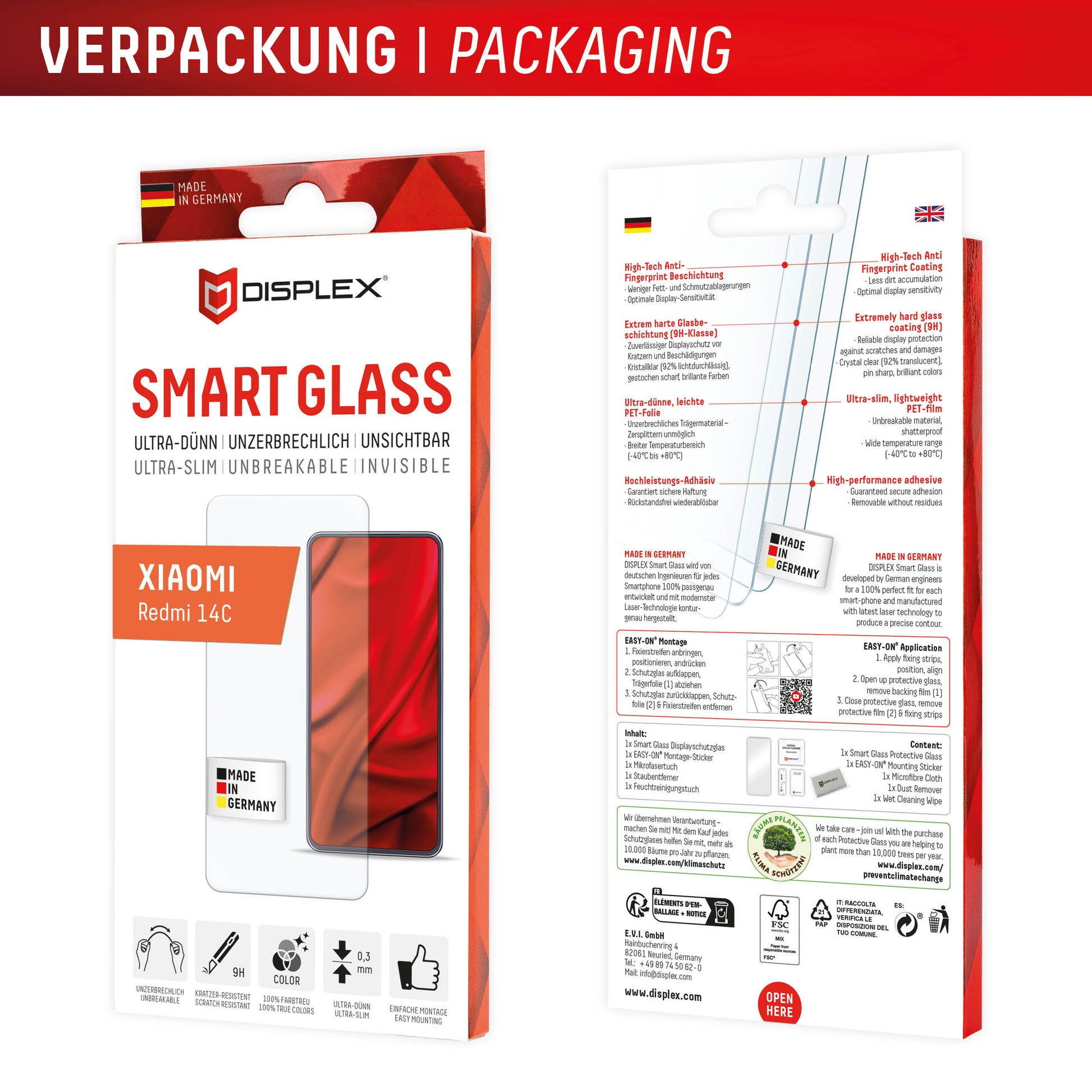 Displex Displayschutz (Panzerglas), 9H – für Redmi 14C – mit Applikator