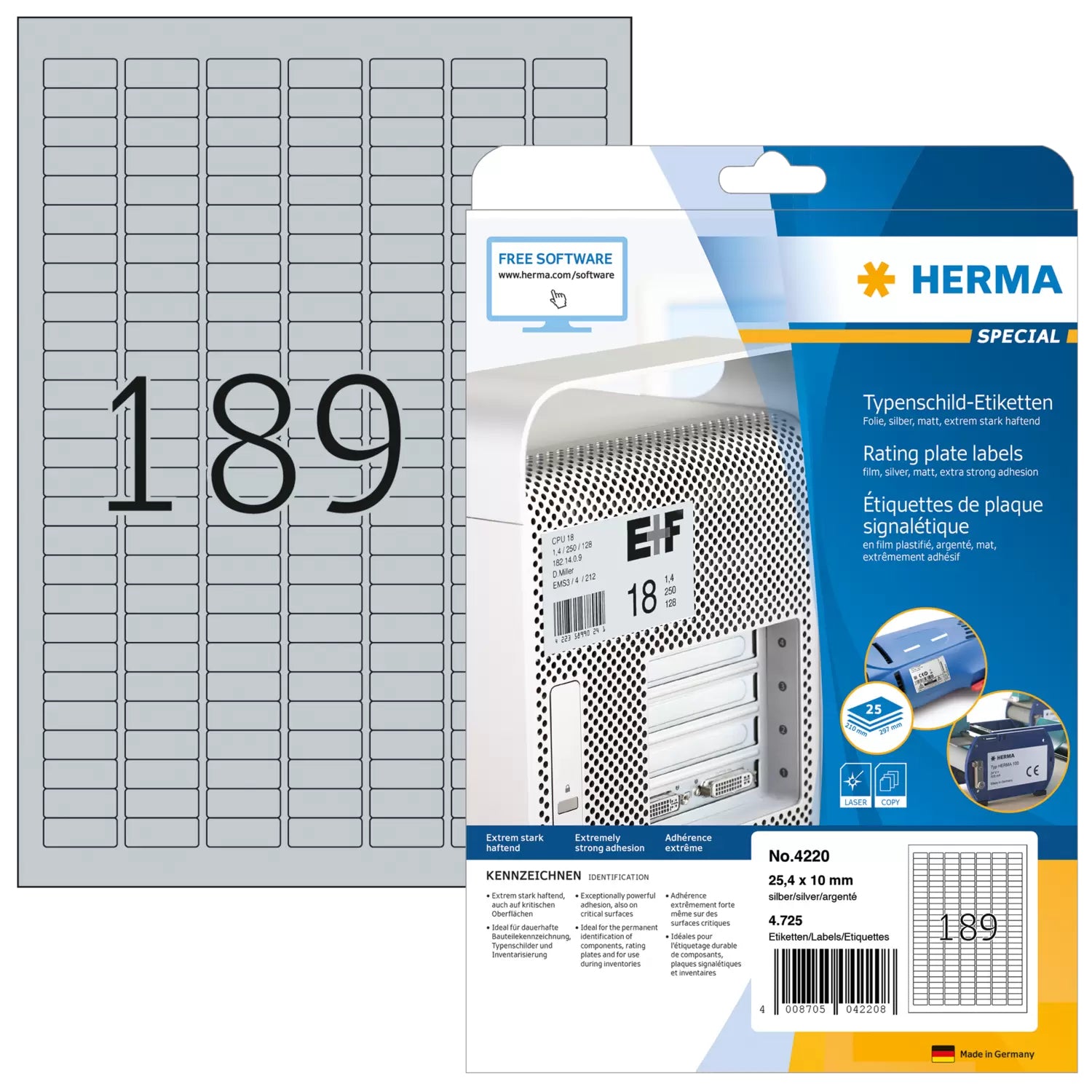 HERMA Drucketiketten, 25 mm × 10 mm, silber, Folie, extra stark, 25 Blatt