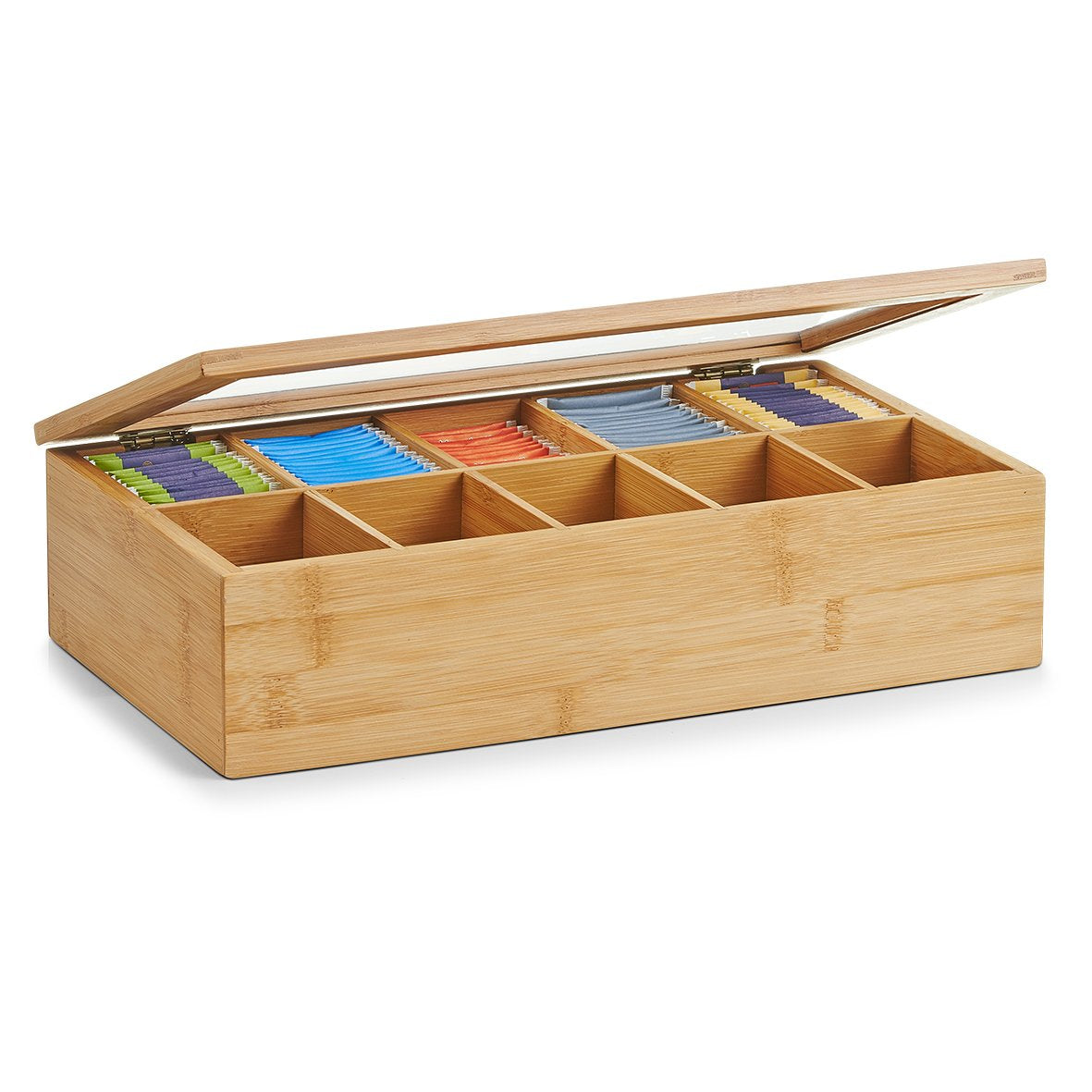 Zeller Present Teebeutelbox Bambus/Acryl, 10 Fächer, 20 × 36 × 9 cm