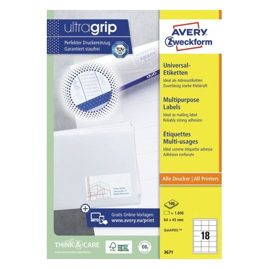 Avery Zweckform – Etiketten A4 64 × 45 mm – Papier, weiss – permanent haftend – 18 pro Blatt, 100 Blätter
