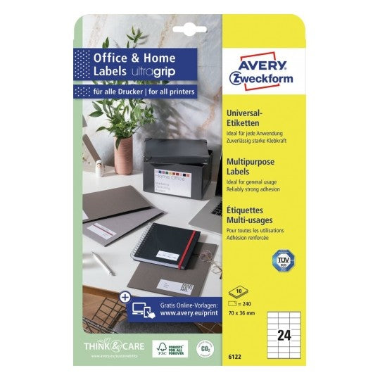 Avery Druckeretiketten, 70 mm × 36 mm, weiss, Papier, permanent, 10 Blätter (240 Etiketten)