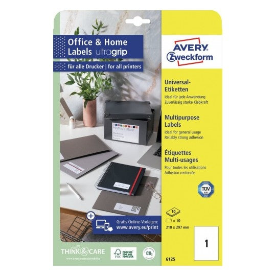 Avery Zweckform – Vollflächige Etiketten A4 – Papier, Weiss – Permanent haftend – Laser/Inkjet – 10 Blätter