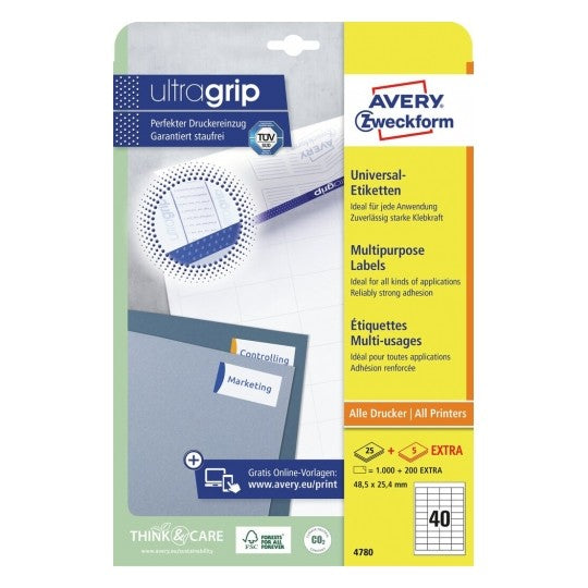 Avery Universal Ultragrip Bogenetiketten, 49 mm × 25 mm, Weiss, Papier, Permanent, 30 Blätter (1'200 Etiketten)
