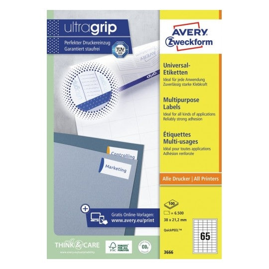 Avery Etiketten QuickPEEL, 38 mm × 21 mm, weiss, Papier, permanent, 100 Blatt (6500 Etiketten)