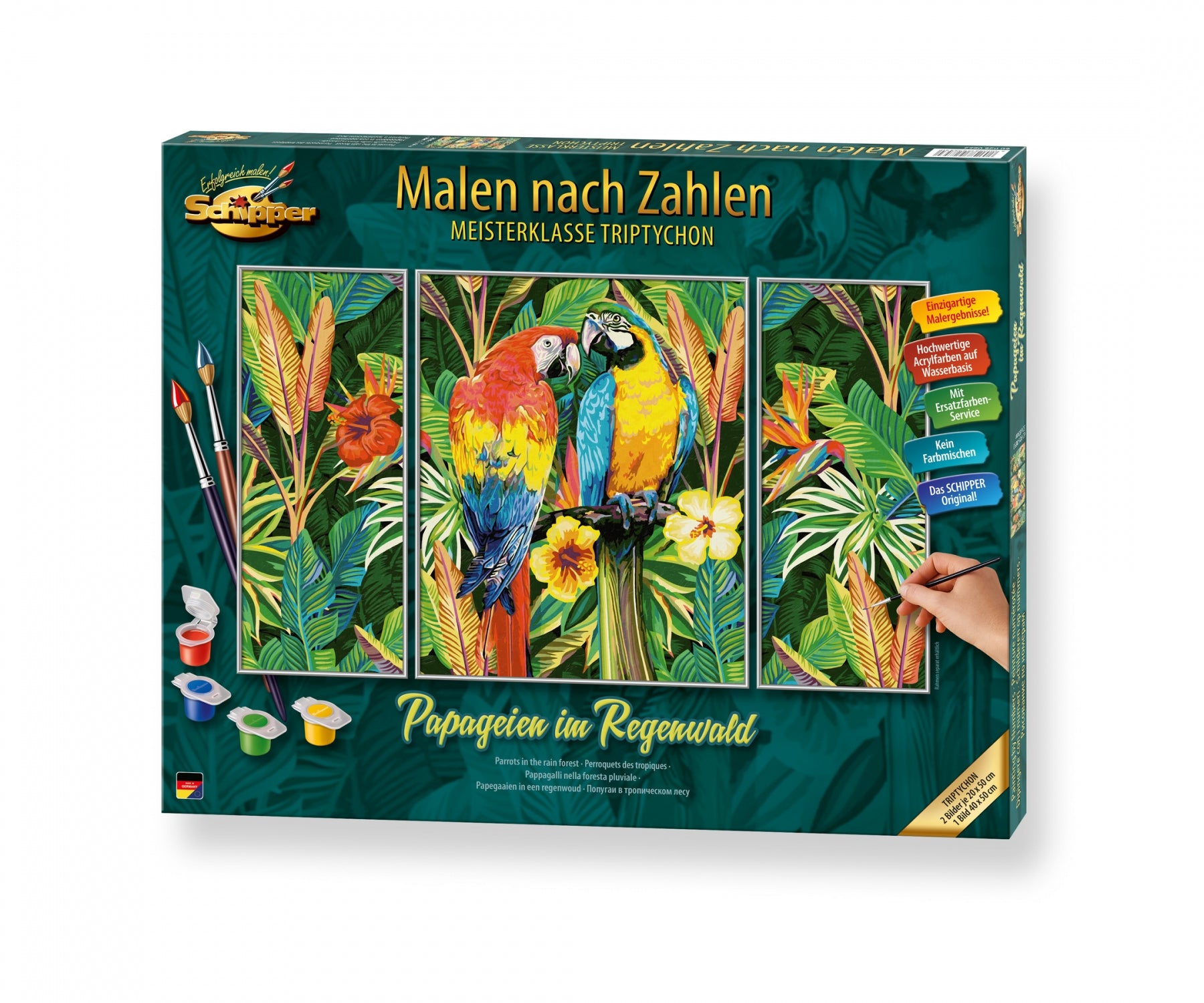 Schipper Malen-nach-Zahlen-Set – Papageien im Regenwald – 3-teilig, 40 × 50 + 2 × 20 × 50 cm – ab 8 Jahren