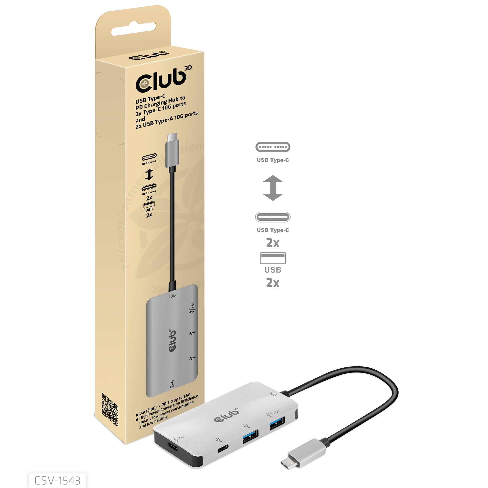 CLUB3D Club 3D USB-Hub – USB-C, 2× USB-A, 2× USB-C, 100 W PD, für Windows/Mac