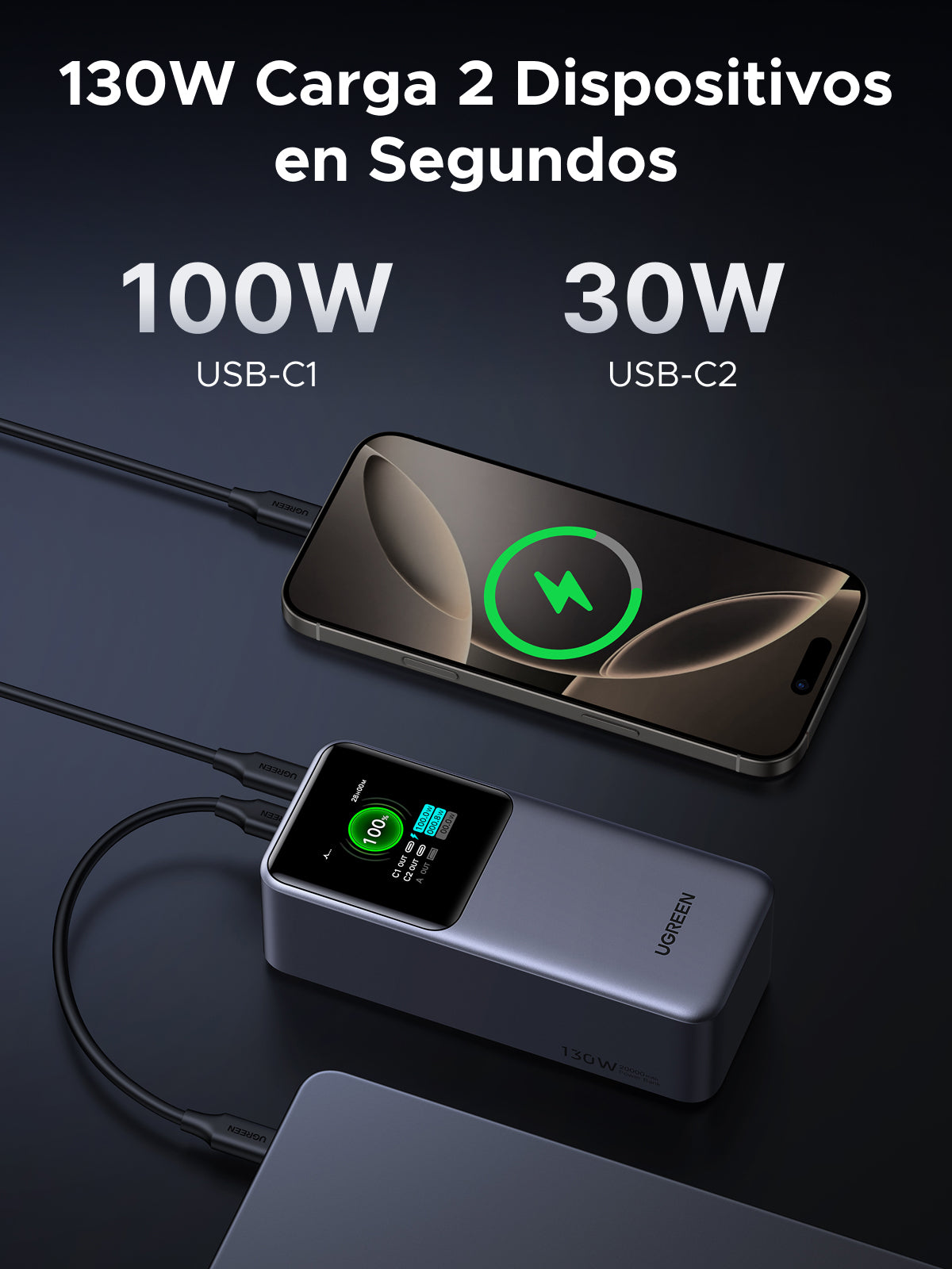 Ugreen Powerbank 20000 mAh, PD 130 W, 2× USB-C, 1× USB-A, für Laptops und Smartphones