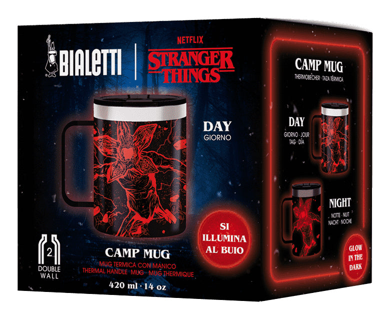 Bialetti Stranger Things Thermobecher 420 ml – doppelwandig, Edelstahl, mit Griff, schwarz/rot