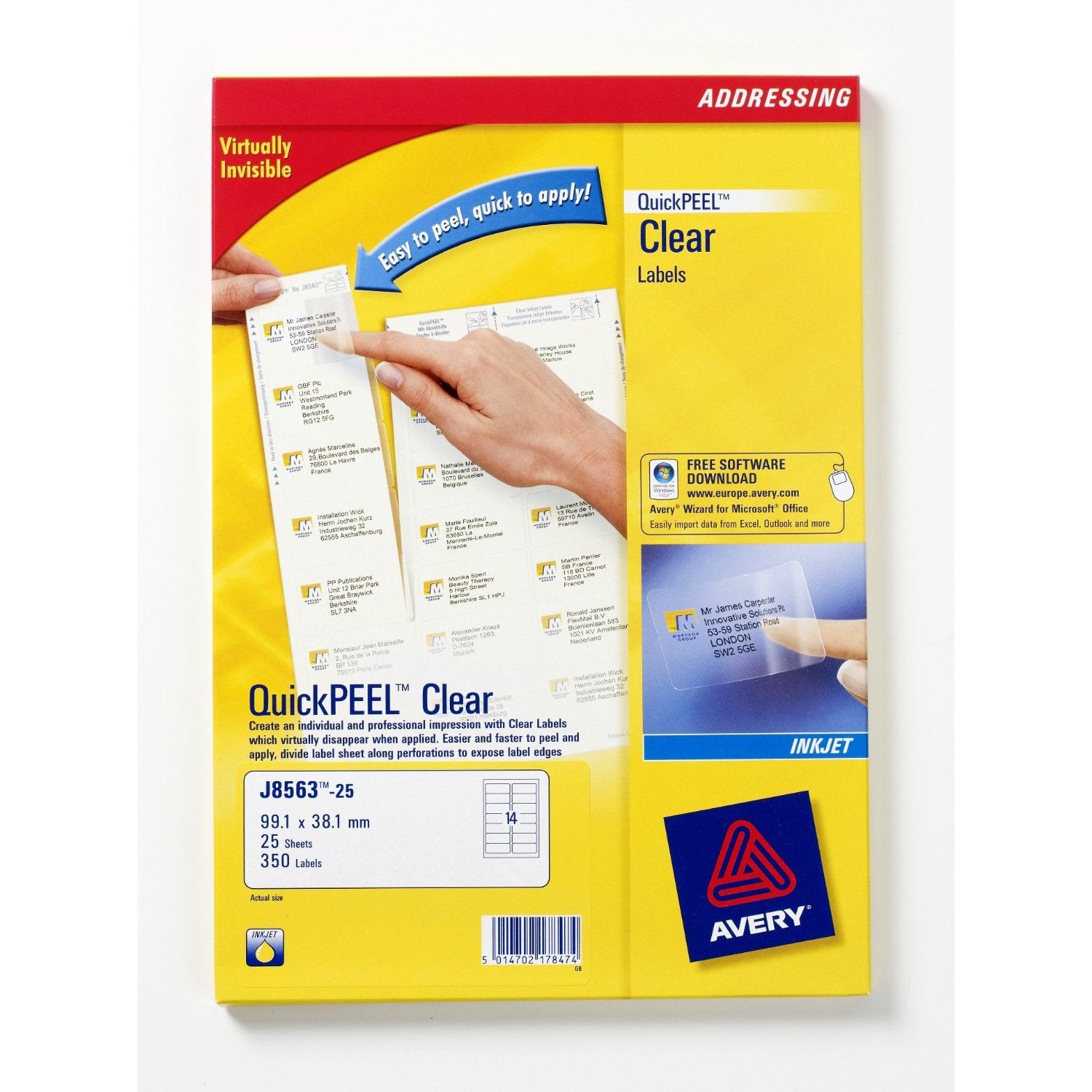 Avery Inkjet-Etiketten, 99 mm × 38 mm, transparent, Folie, permanent, 25 Blatt (350 Etiketten)