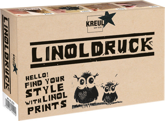 KREUL Linoldruck-Set – Linoldruckfarbe schwarz 20 ml, Linolplatte A6, Gummiwalze, 3 Schneidefedern