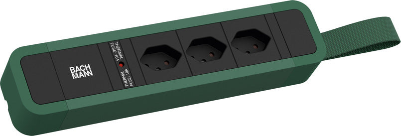 Bachmann PRIMO 2 – Steckdosenleiste, 3× T13 Steckdosen, mit Schalter, 2 m, T12 Stecker, Grün