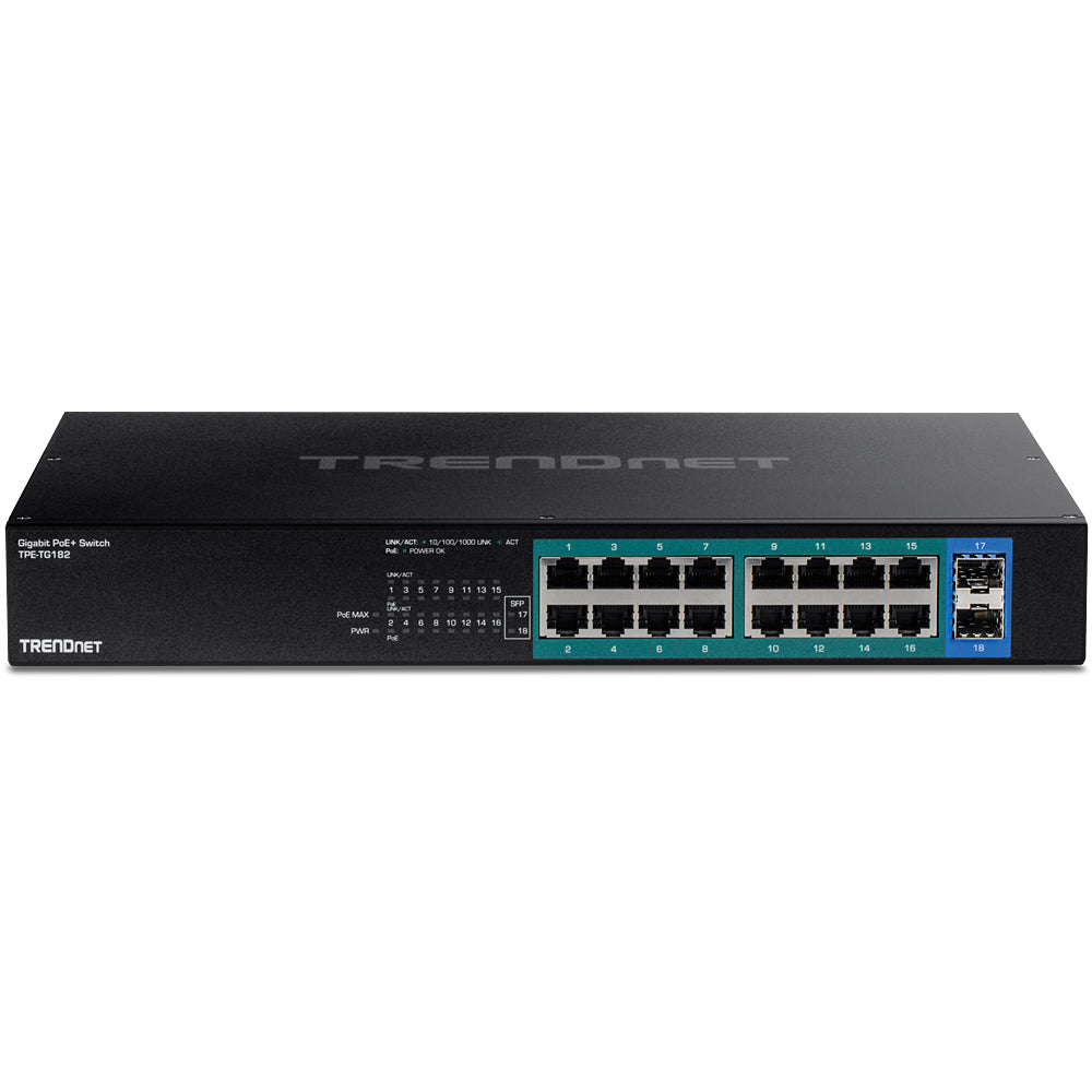 TRENDnet TPE-TG182 – Unmanaged PoE+ Switch – 18× 1G, 2× SFP, PoE-Budget 240 W, 19", 1U