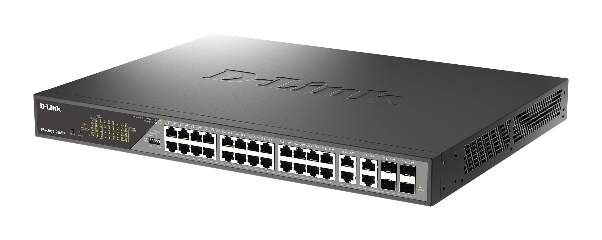 D-Link DSS-200G-28MPP/E – Managed Gigabit Switch, 24x RJ-45, 4x Combo RJ-45/SFP, 24x PoE (30 W/Port, 518 W total)