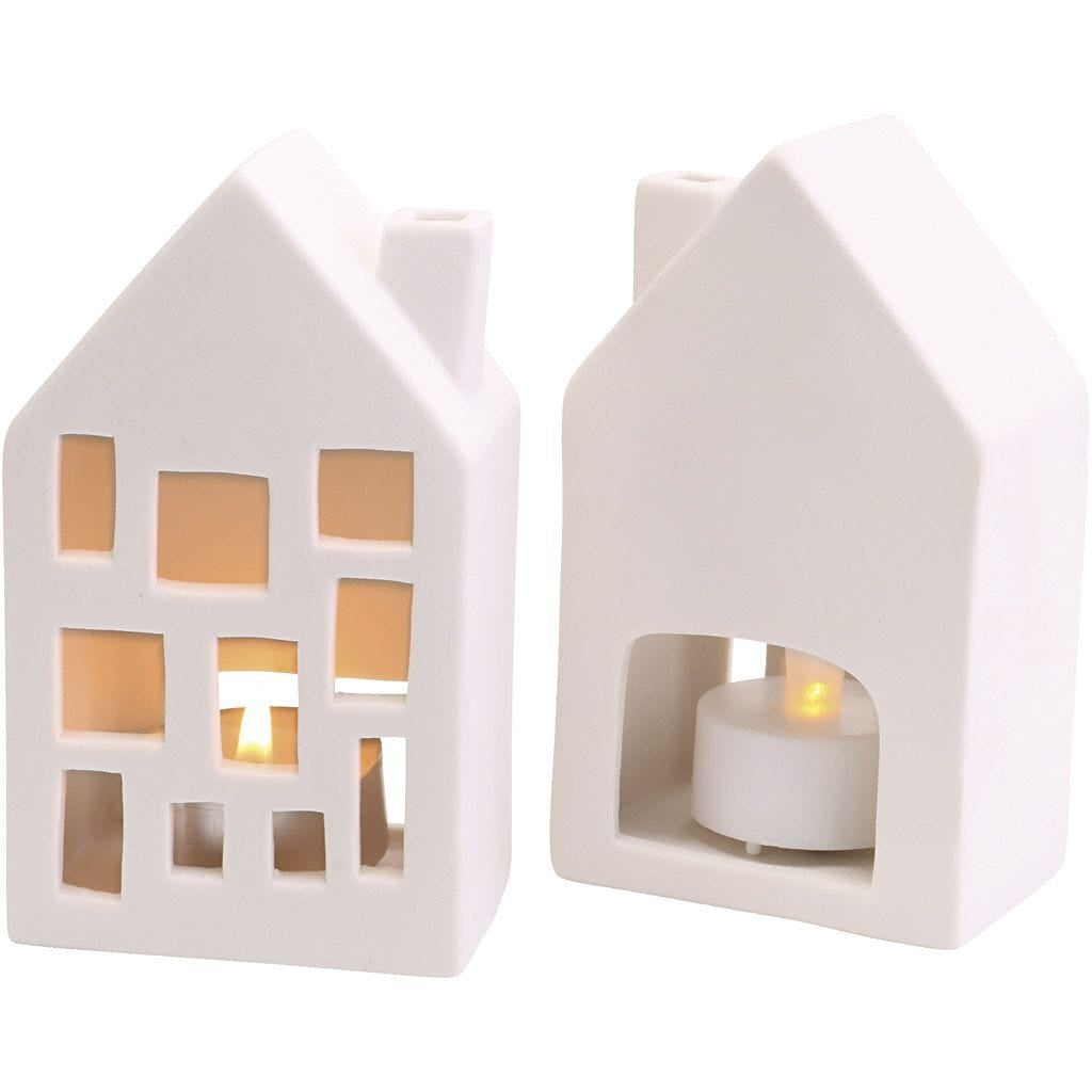 Creativ Company Teelichthalter Haus, Terrakotta, Weiss, 5 × 7 cm, 12er-Set