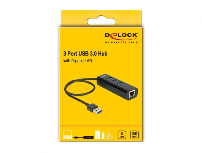 DeLOCK USB-Hub – USB 3.0, 3× USB-A, GbE, für Windows/Mac/Linux
