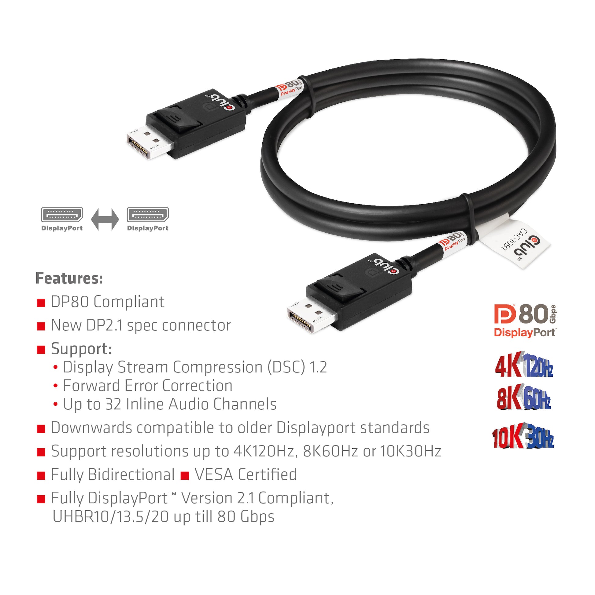 CLUB3D DisplayPort Kabel DP 2.1 8K 60 Hz – 1,2 m