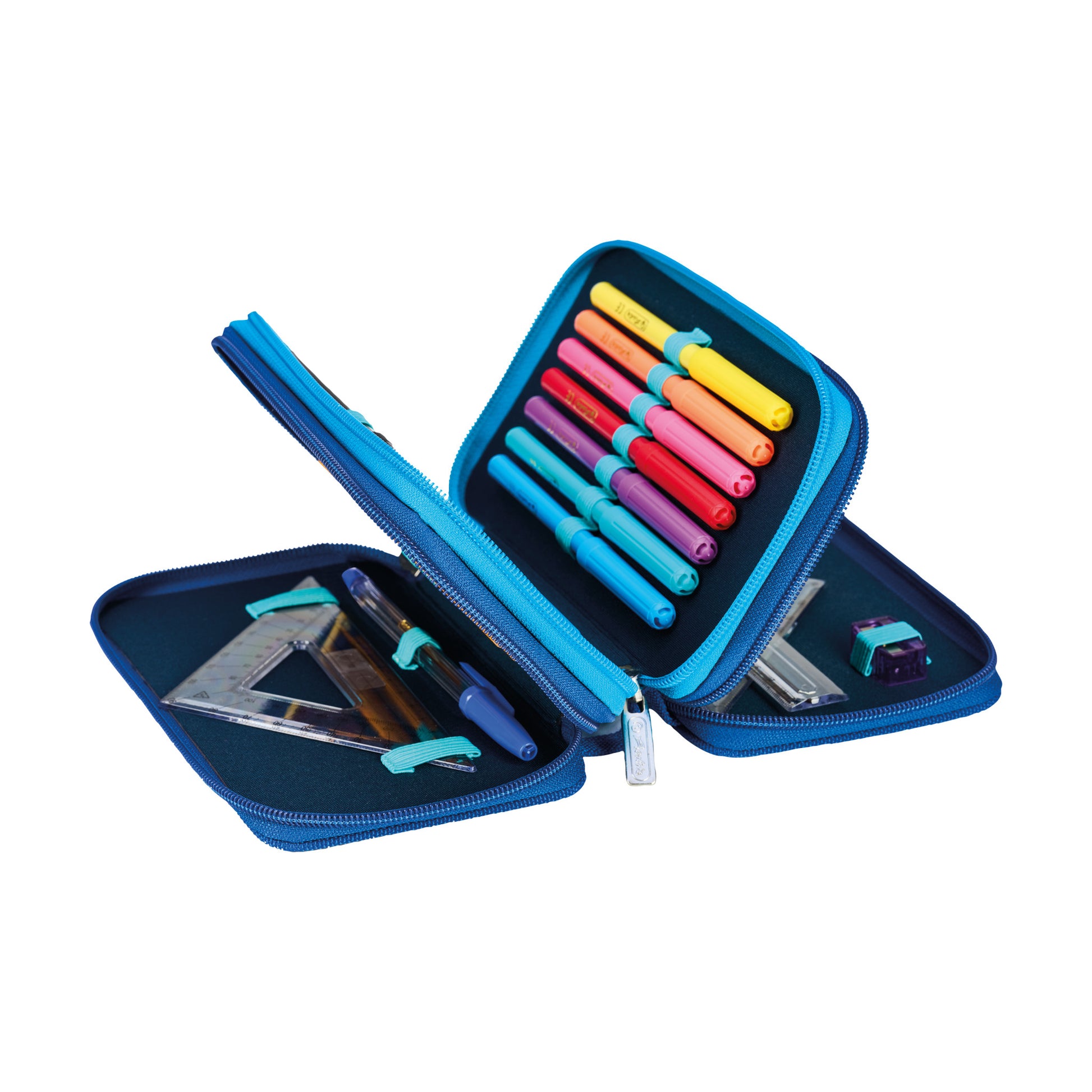 Herlitz TriCase – Schüleretui, 3 Klappen, gefüllt (31-teilig), Jungle Safari, Blau, 19 × 11,5 × 7 cm