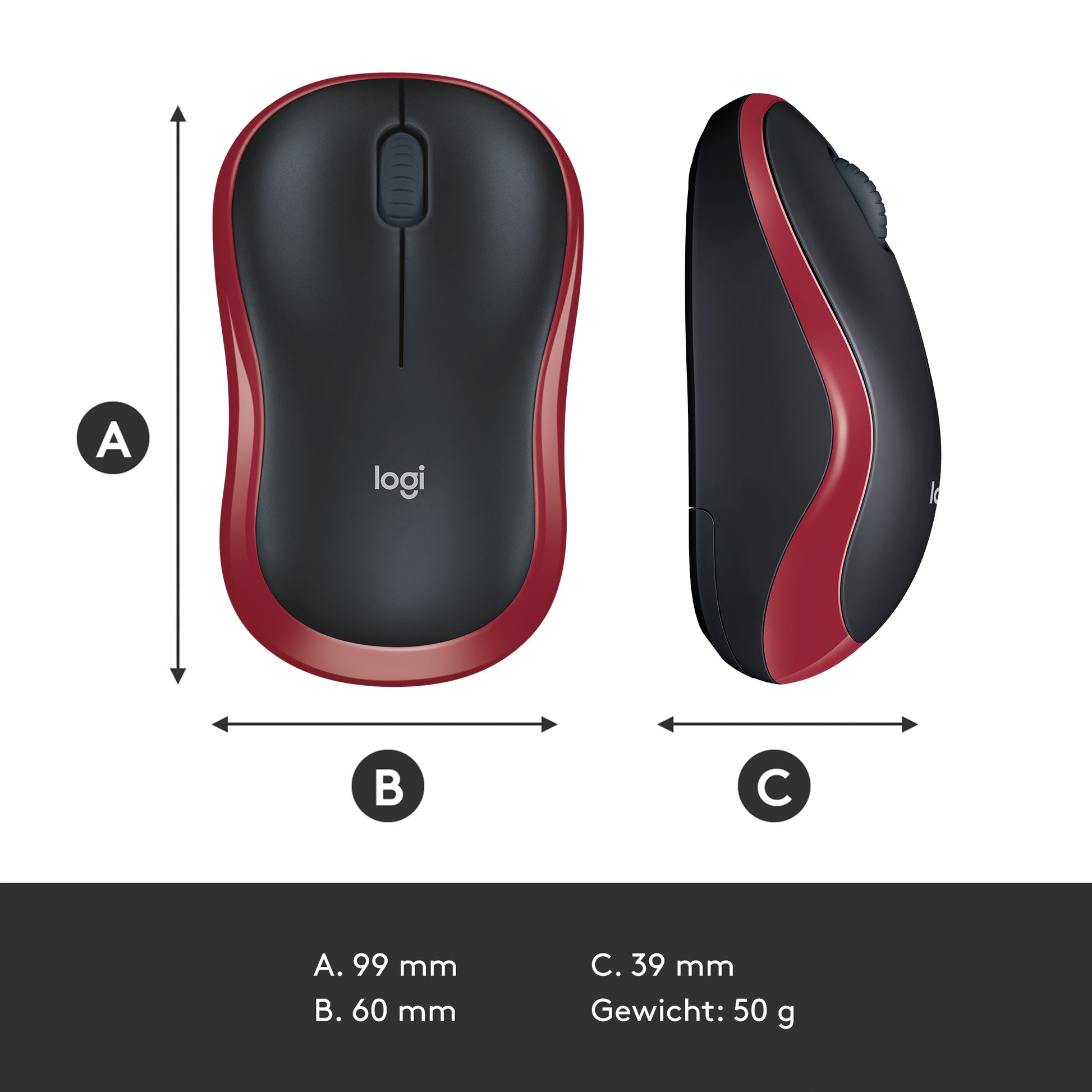 Logitech M185 Maus – kabellos, 2,4 GHz (USB-A), 1000 dpi, 3 Tasten, beidhändig, schwarz/rot