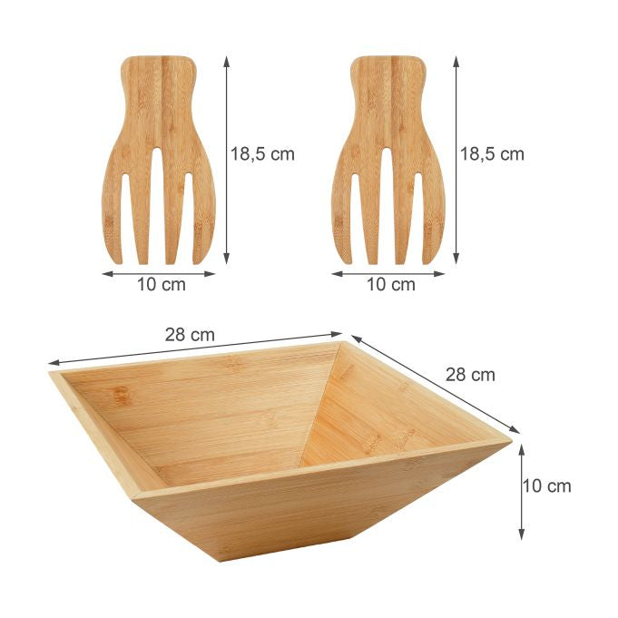 Relaxdays Salatschüssel – 28,0 × 28,0 × 10,0 cm, Bambus, Hellbraun, mit Salatbesteck