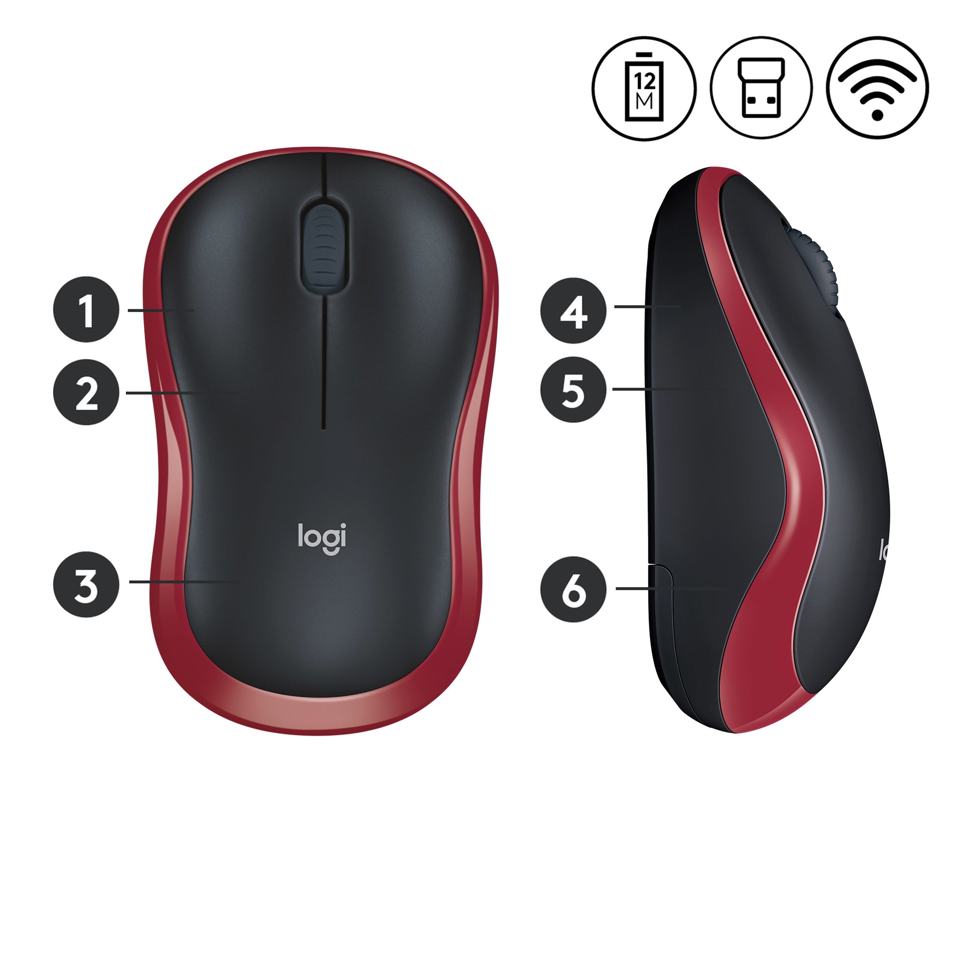 Logitech M185 Maus – kabellos, 2,4 GHz (USB-A), 1000 dpi, 3 Tasten, beidhändig, schwarz/rot