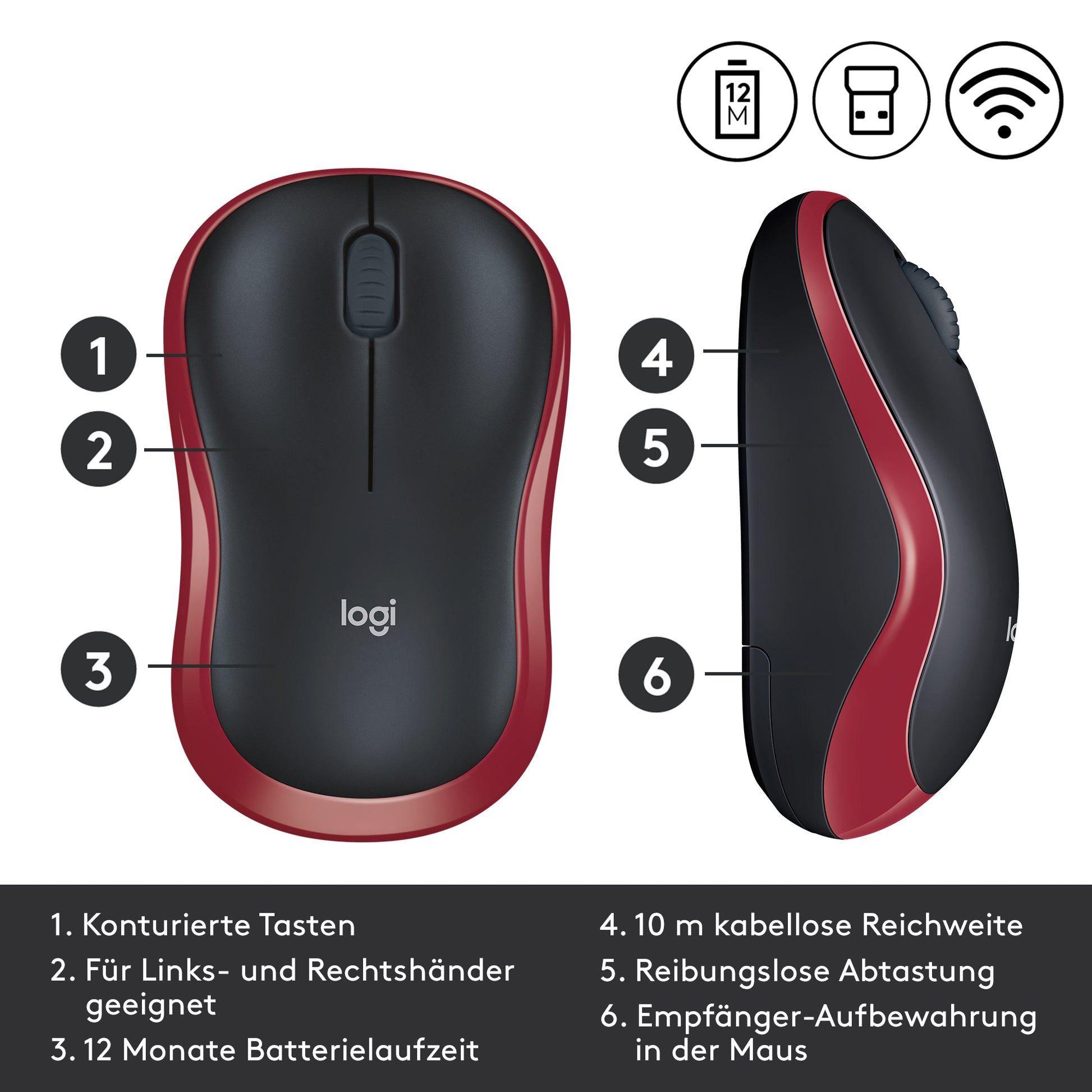 Logitech M185 Maus – kabellos, 2,4 GHz (USB-A), 1000 dpi, 3 Tasten, beidhändig, schwarz/rot